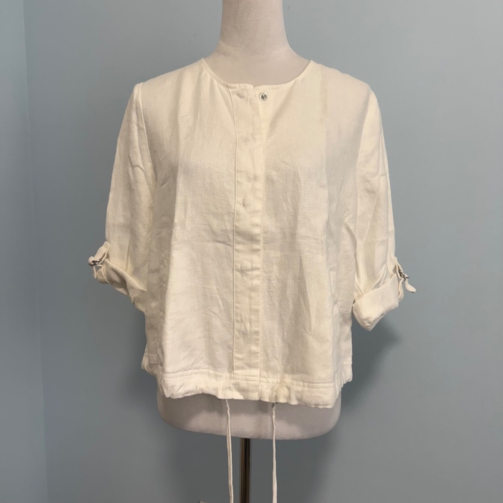 Chicos 1 Petite 100% Linen 3/4 Sleeve White Blouse Jacket Size 8(M)